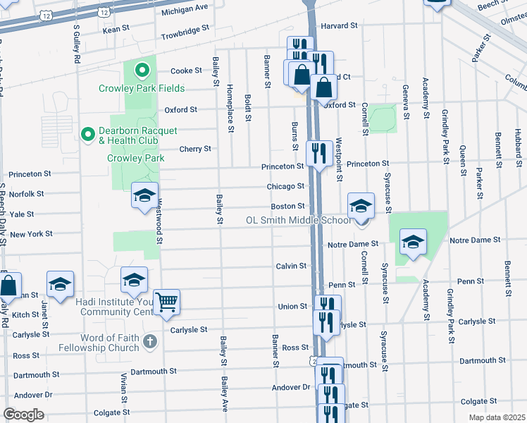 map of restaurants, bars, coffee shops, grocery stores, and more near 24321 Boston Street in Dearborn