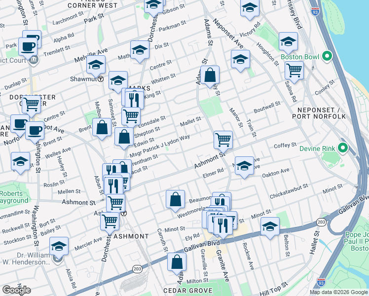 map of restaurants, bars, coffee shops, grocery stores, and more near in Boston