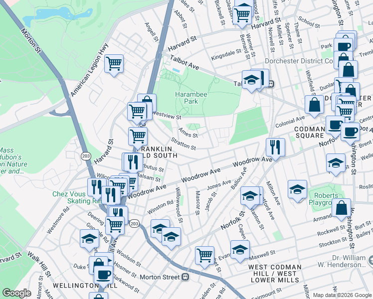 map of restaurants, bars, coffee shops, grocery stores, and more near 114-118 Floyd Street in Boston
