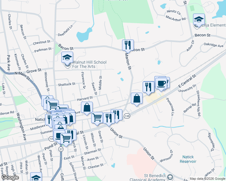 map of restaurants, bars, coffee shops, grocery stores, and more near 4 Hume Street in Natick