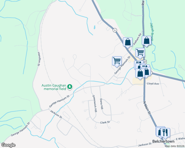 map of restaurants, bars, coffee shops, grocery stores, and more near 14 Hickory Hill in Belchertown