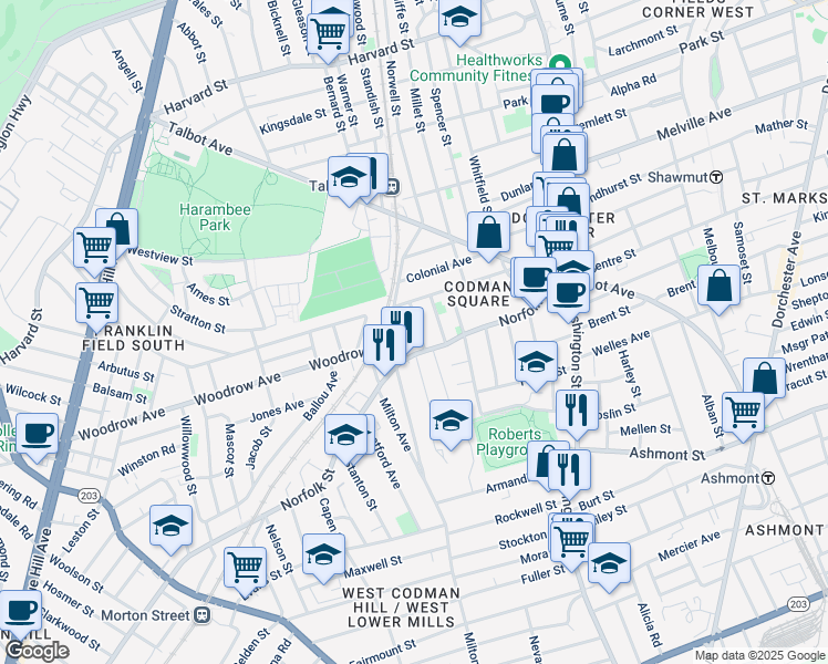 map of restaurants, bars, coffee shops, grocery stores, and more near 14 Ferndale Street in Boston