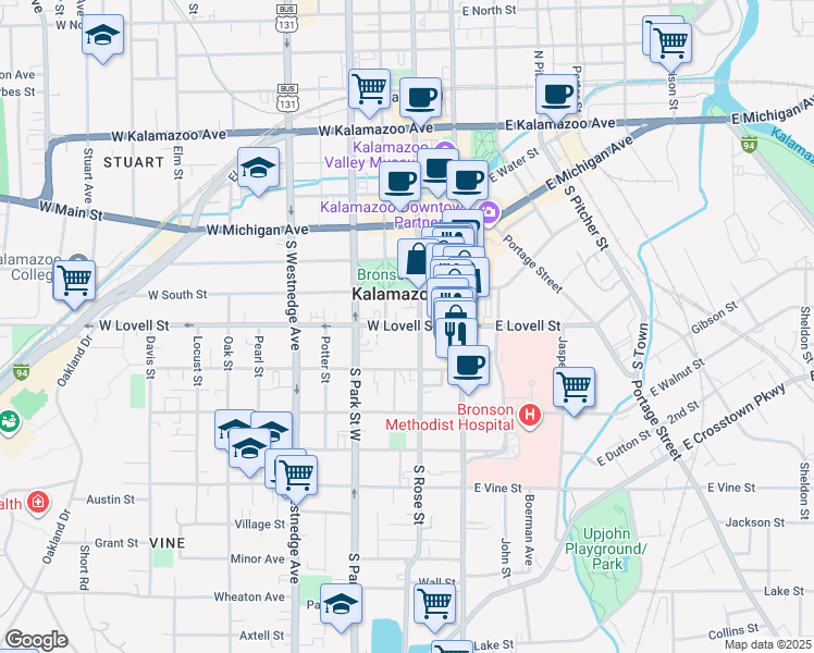 map of restaurants, bars, coffee shops, grocery stores, and more near 247 W Lovell St in Kalamazoo