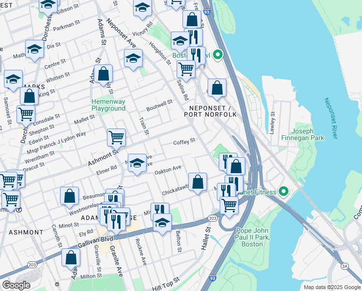 map of restaurants, bars, coffee shops, grocery stores, and more near 39 Coffey Street in Boston