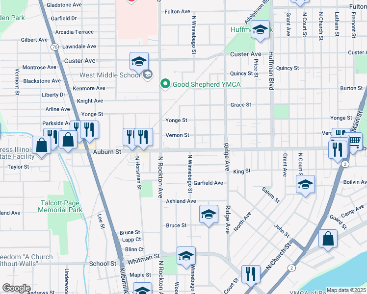 map of restaurants, bars, coffee shops, grocery stores, and more near 2319 Auburn Street in Rockford