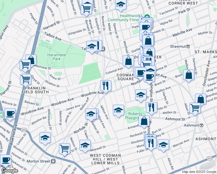 map of restaurants, bars, coffee shops, grocery stores, and more near 14 Ferndale Street in Boston