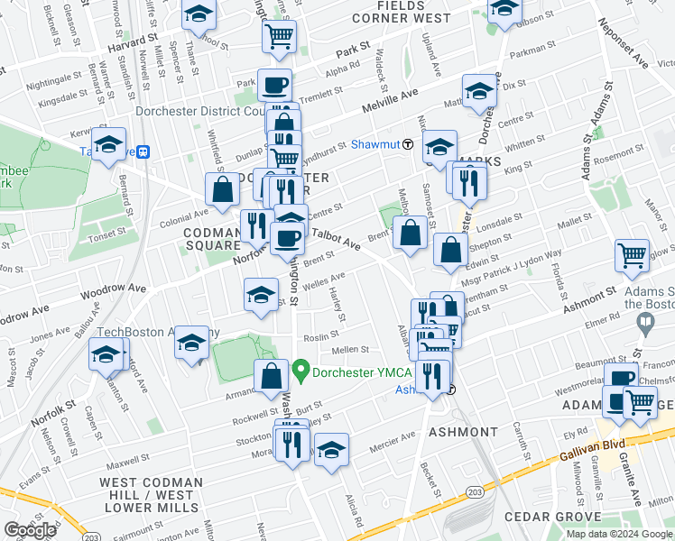 map of restaurants, bars, coffee shops, grocery stores, and more near 48 Welles Avenue in Boston