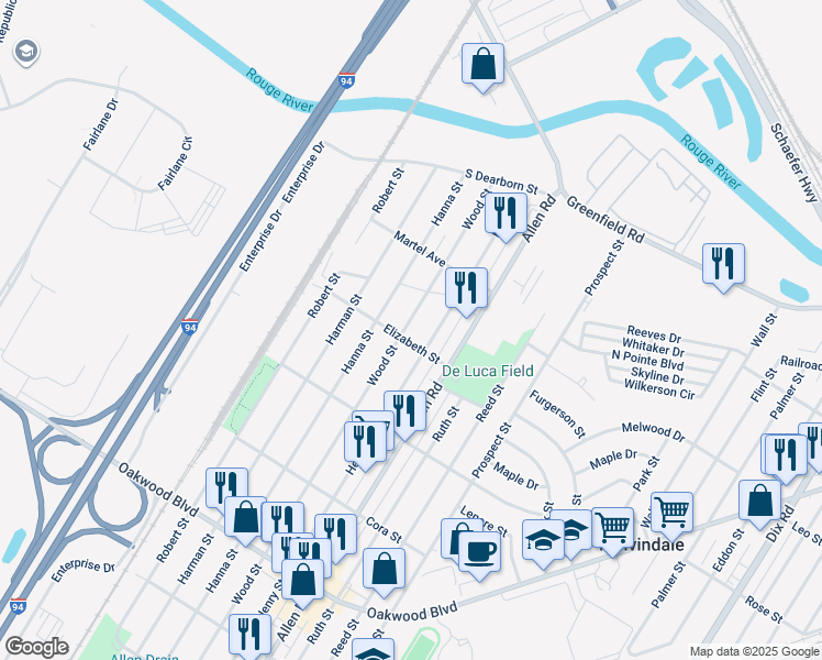 map of restaurants, bars, coffee shops, grocery stores, and more near 17450 Wood Street in Melvindale