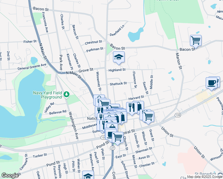 map of restaurants, bars, coffee shops, grocery stores, and more near 64 Washington Street in Natick