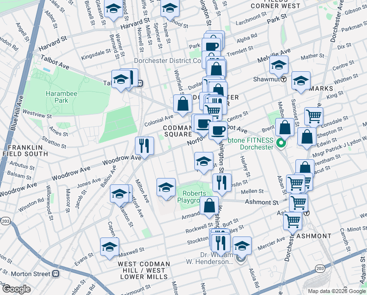map of restaurants, bars, coffee shops, grocery stores, and more near 26 Chipman Street in Boston