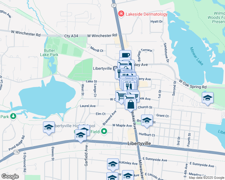 map of restaurants, bars, coffee shops, grocery stores, and more near 216 West Cook Avenue in Libertyville
