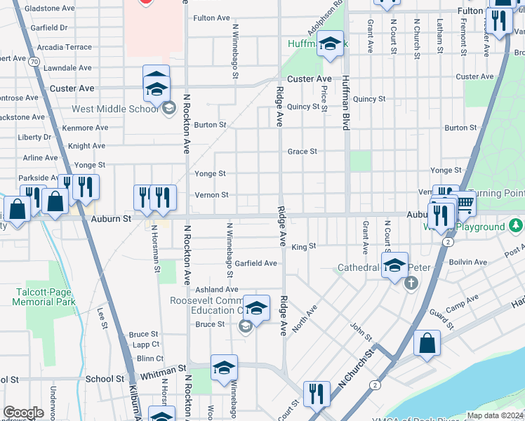 map of restaurants, bars, coffee shops, grocery stores, and more near 2125 Auburn Street in Rockford