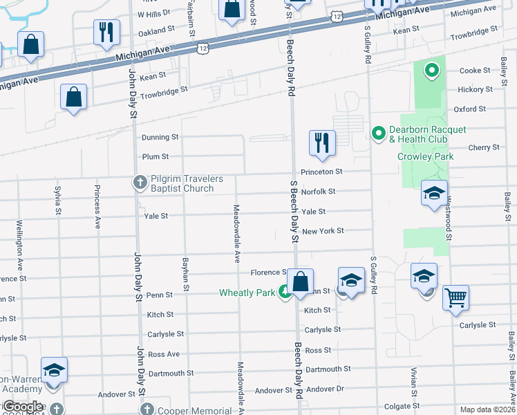map of restaurants, bars, coffee shops, grocery stores, and more near 25932 Norfolk Street in Inkster