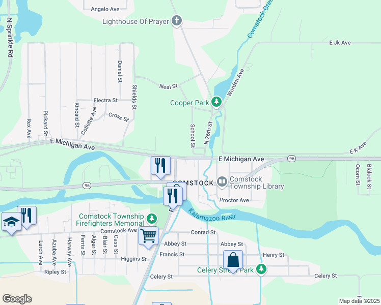 map of restaurants, bars, coffee shops, grocery stores, and more near 41 School Street in Kalamazoo