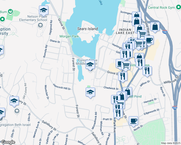 map of restaurants, bars, coffee shops, grocery stores, and more near 495 Grove Street in Worcester
