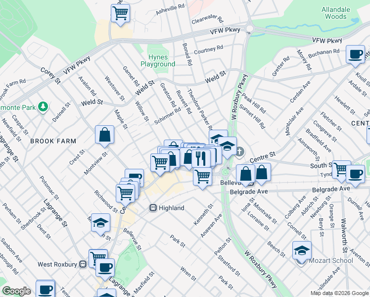map of restaurants, bars, coffee shops, grocery stores, and more near 71 Manthorne Road in Boston