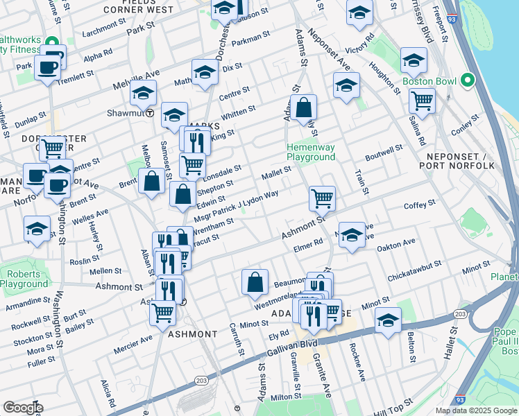 map of restaurants, bars, coffee shops, grocery stores, and more near 75 Edwin Street in Boston