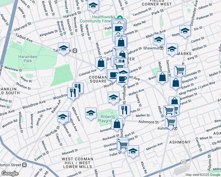 map of restaurants, bars, coffee shops, grocery stores, and more near 41 Norfolk Street in Boston
