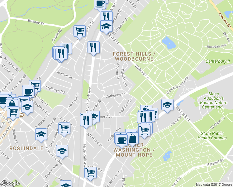 map of restaurants, bars, coffee shops, grocery stores, and more near 23 Goodway Road in Boston