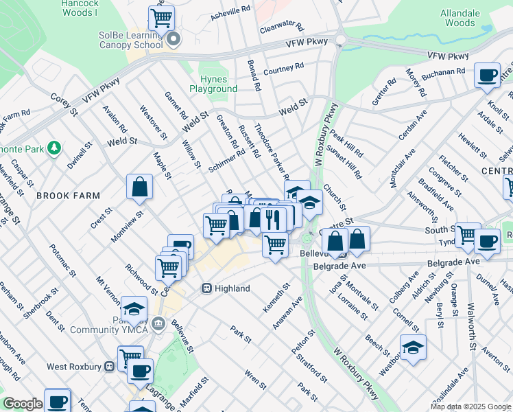 map of restaurants, bars, coffee shops, grocery stores, and more near 71 Manthorne Road in Boston