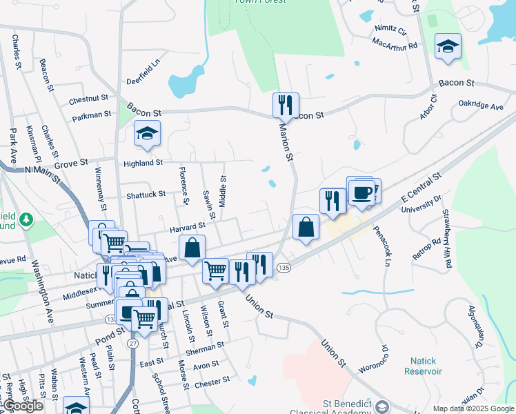 map of restaurants, bars, coffee shops, grocery stores, and more near 24 Nern Street in Natick