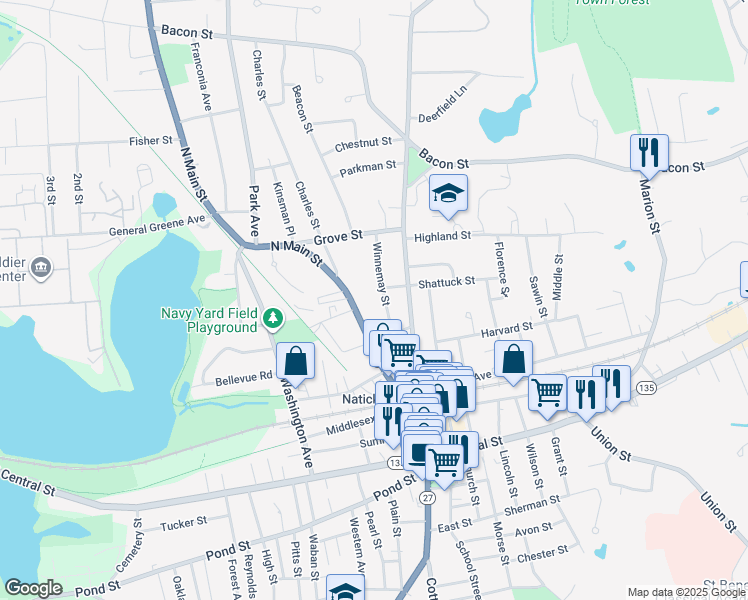 map of restaurants, bars, coffee shops, grocery stores, and more near 17 Winnemay Street in Natick