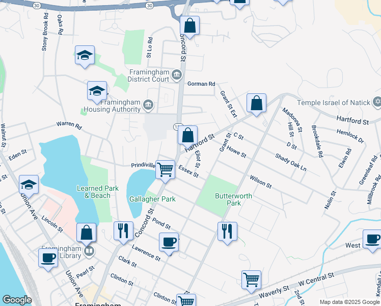 map of restaurants, bars, coffee shops, grocery stores, and more near 499 Concord Street in Framingham