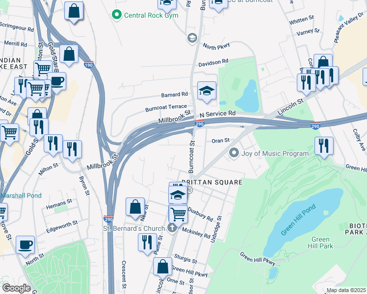 map of restaurants, bars, coffee shops, grocery stores, and more near 12-14 Rankin Street in Worcester