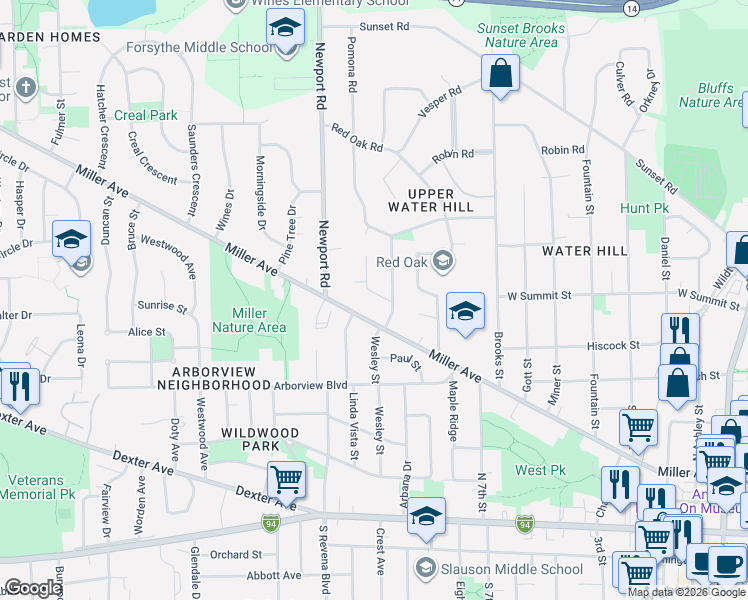 map of restaurants, bars, coffee shops, grocery stores, and more near 823 Pomona Road in Ann Arbor