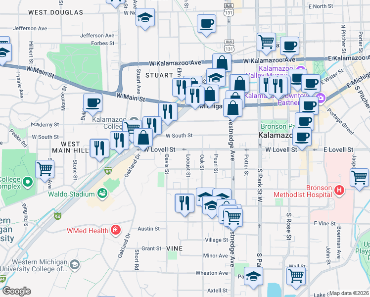 map of restaurants, bars, coffee shops, grocery stores, and more near 711 West South Street in Kalamazoo