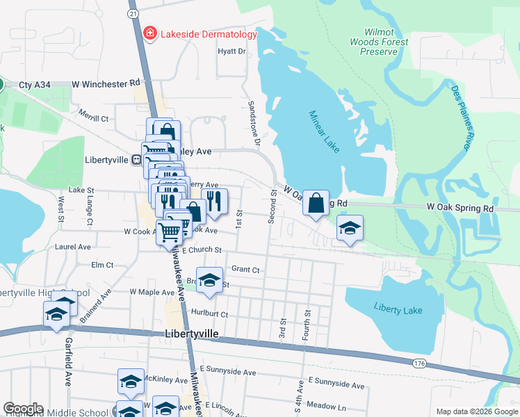 map of restaurants, bars, coffee shops, grocery stores, and more near 624 1st Street in Libertyville