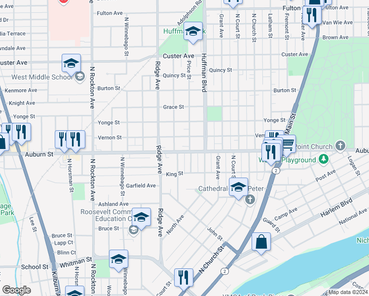 map of restaurants, bars, coffee shops, grocery stores, and more near 1523 Price Street in Rockford