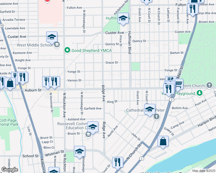 map of restaurants, bars, coffee shops, grocery stores, and more near 1523 Bruner Street in Rockford