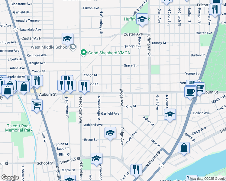 map of restaurants, bars, coffee shops, grocery stores, and more near 1528 Carney Avenue in Rockford