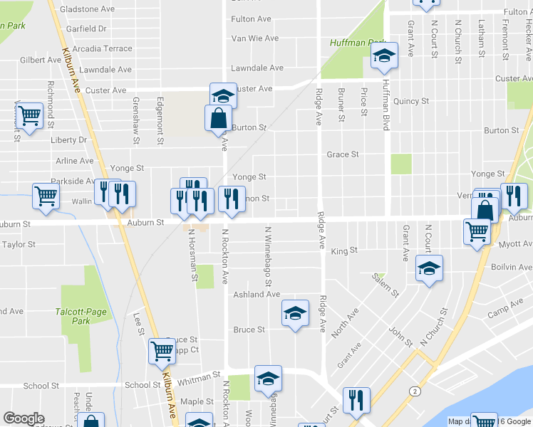 map of restaurants, bars, coffee shops, grocery stores, and more near 1602 North Winnebago Street in Rockford