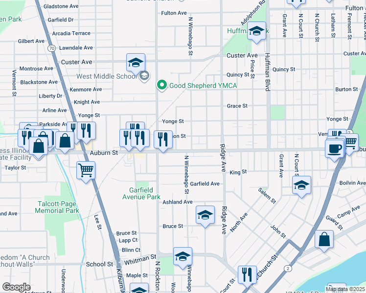 map of restaurants, bars, coffee shops, grocery stores, and more near 1602 North Winnebago Street in Rockford