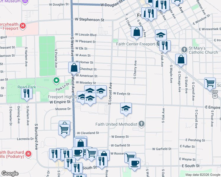 map of restaurants, bars, coffee shops, grocery stores, and more near 1116 South Locust Avenue in Freeport
