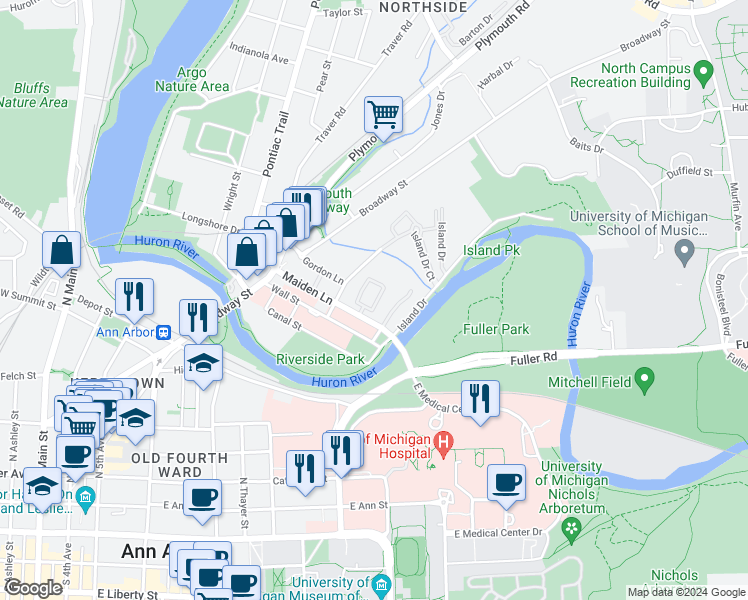 map of restaurants, bars, coffee shops, grocery stores, and more near 1171 Freesia Court in Ann Arbor