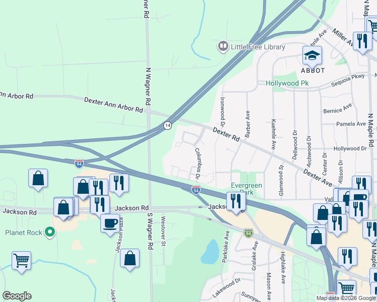 map of restaurants, bars, coffee shops, grocery stores, and more near 545 Landings Boulevard in Ann Arbor