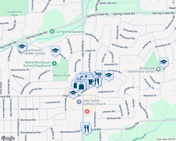 map of restaurants, bars, coffee shops, grocery stores, and more near 2108 Spring Brook Avenue in Rockford