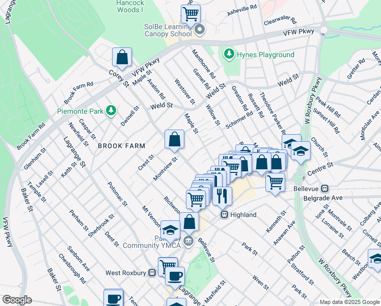 map of restaurants, bars, coffee shops, grocery stores, and more near 19 Hodgdon Terrace in Boston