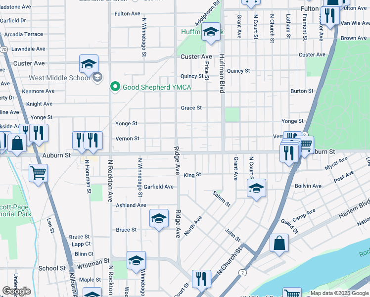 map of restaurants, bars, coffee shops, grocery stores, and more near 1523 Bruner Street in Rockford
