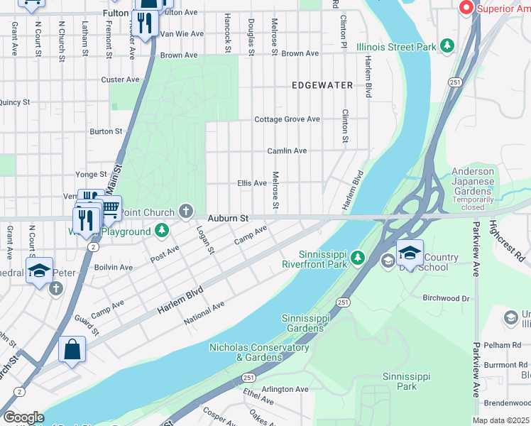 map of restaurants, bars, coffee shops, grocery stores, and more near 611 Auburn Street in Rockford