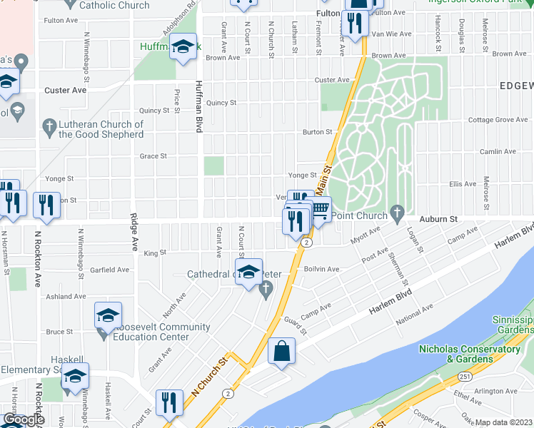 map of restaurants, bars, coffee shops, grocery stores, and more near 1505 Auburn Road in Rockford