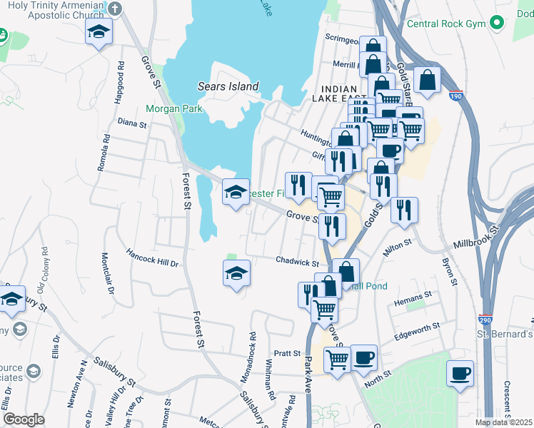 map of restaurants, bars, coffee shops, grocery stores, and more near 485 Grove Street in Worcester