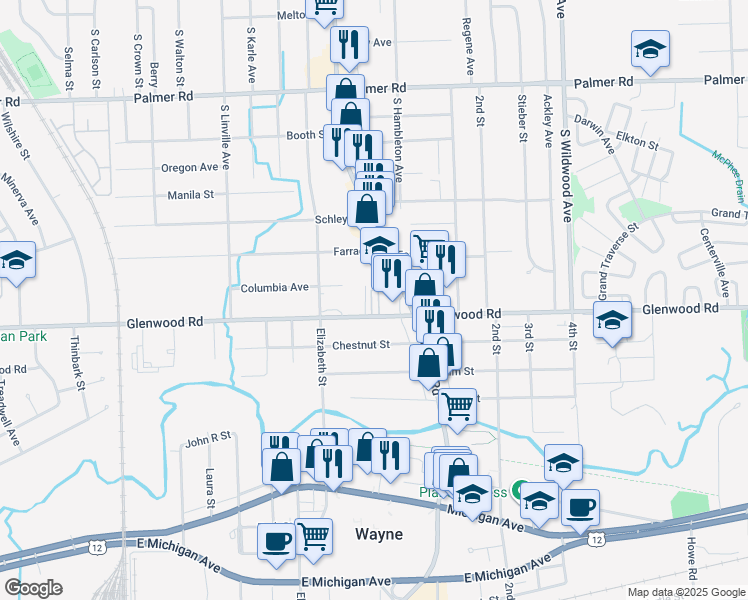 map of restaurants, bars, coffee shops, grocery stores, and more near 2602 South Wayne Road in Westland