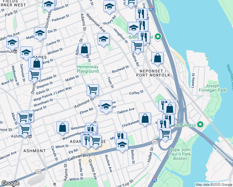 map of restaurants, bars, coffee shops, grocery stores, and more near 176 Train Street in Boston