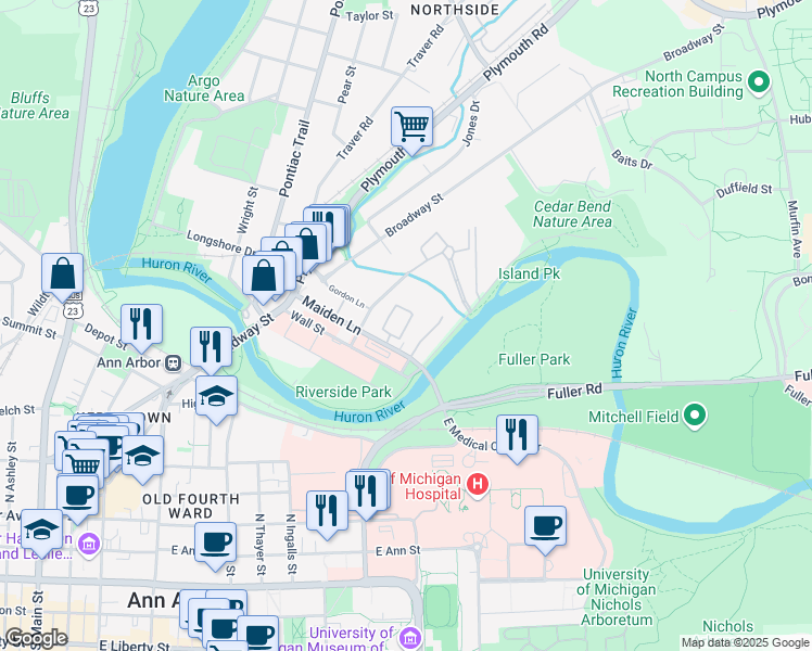 map of restaurants, bars, coffee shops, grocery stores, and more near 1163 Freesia Court in Ann Arbor