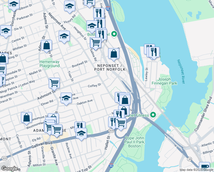 map of restaurants, bars, coffee shops, grocery stores, and more near 288 Neponset Avenue in Boston