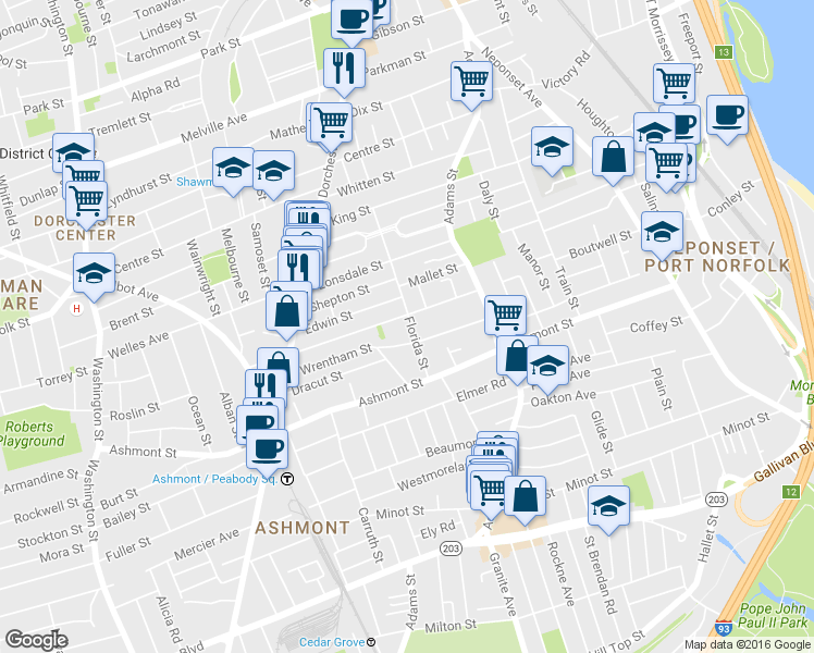 map of restaurants, bars, coffee shops, grocery stores, and more near 75 Edwin Street in Boston